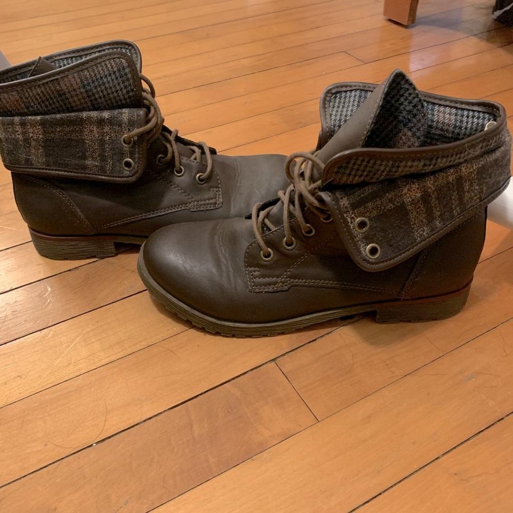 Dark brown combat boots with optional flip down flannel top